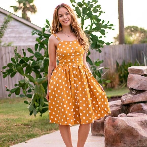 87. mustard yellow polkadot button down dress WITH POCKETS - Picture 1 of 5